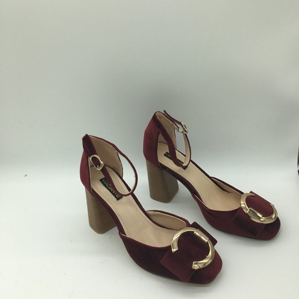 Red Round Toe Pumps Chunky Mid Heel Ankle Strap Dress Shoes - Picture 3 of 10